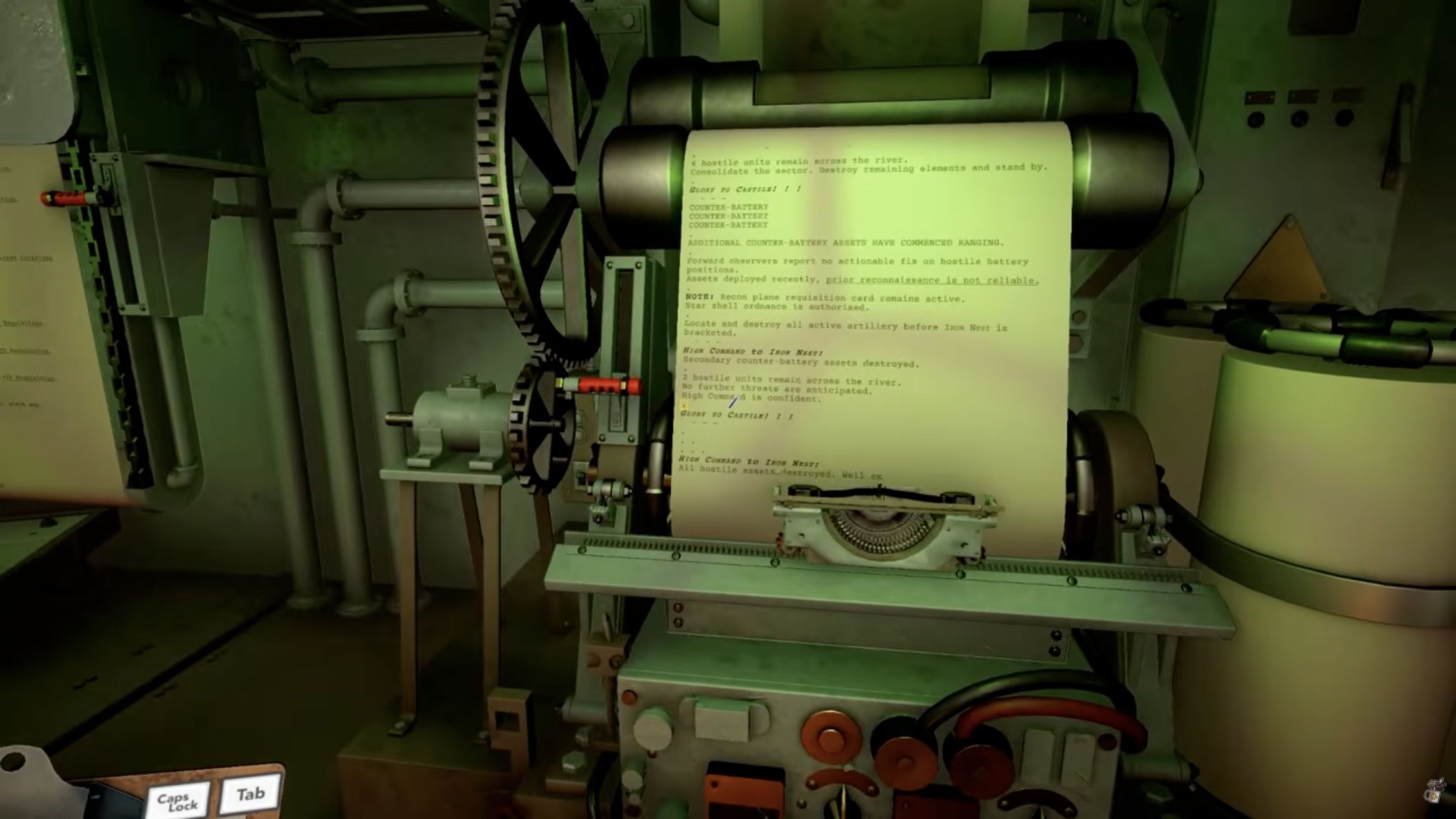 Counter-Battery teleprinter confirming that all hostile assets are destroyed after the final strike.