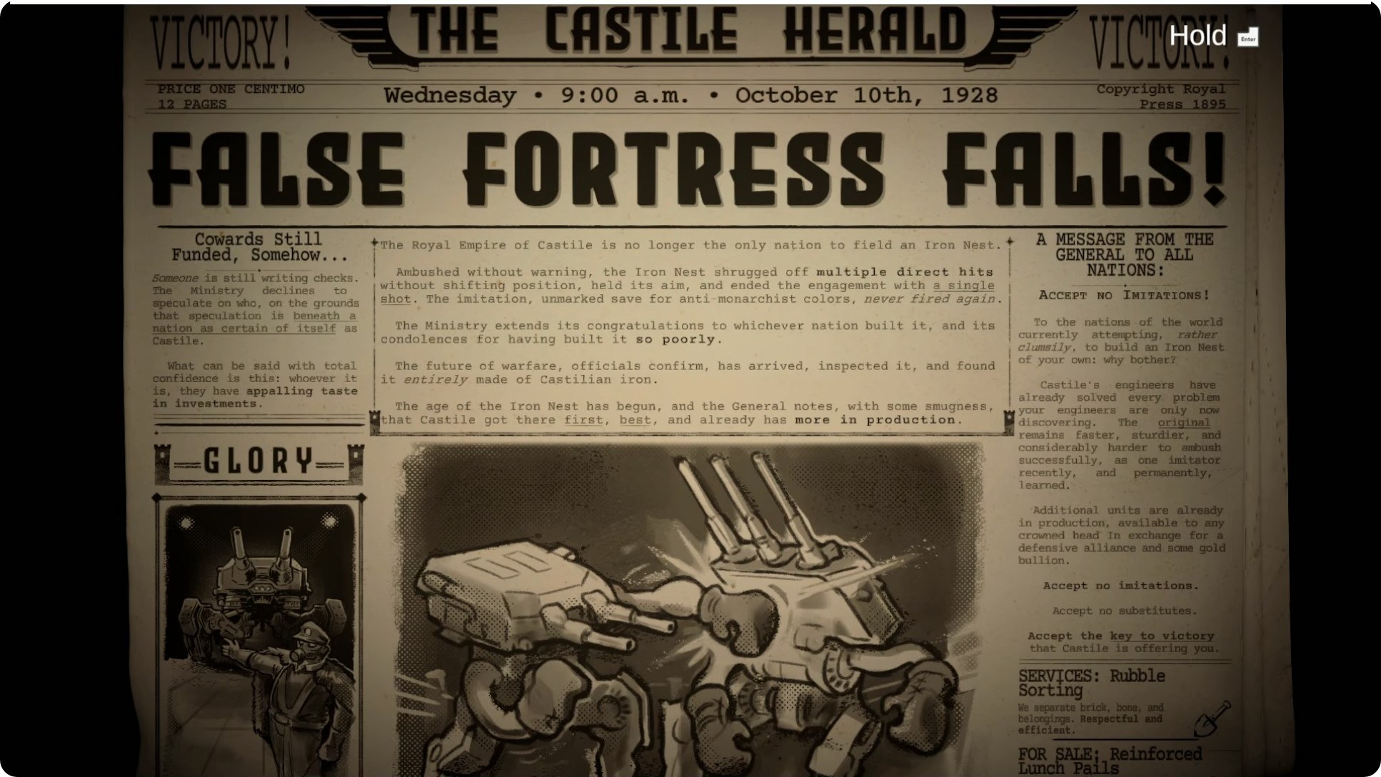 The victory newspaper "THE CASTILE HERALD — FALSE FORTRESS FALLS!" dated October 10th, 1928